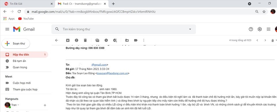 Email bạn đọc gửi nhờ Báo Lao Động tư vấn. Ảnh Nam Dương Email bạn đọc gửi nhờ Báo Lao Động tư vấn. Ảnh Nam Dương