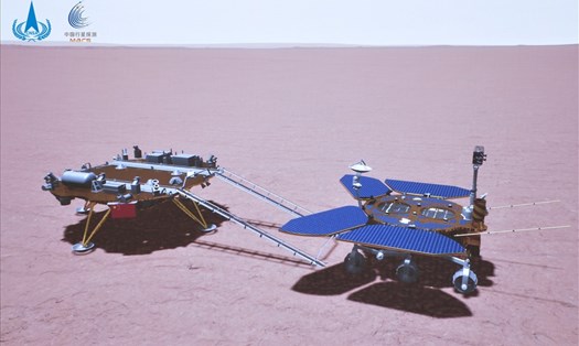 Ảnh mô phỏng tàu thăm dò sao Hỏa đầu tiên của Trung Quốc Chúc Dung lái từ bệ hạ cánh xuống bề mặt sao Hỏa. Ảnh: Cơ quan Vũ trụ Quốc gia Trung Quốc/Tân Hoa Xã.