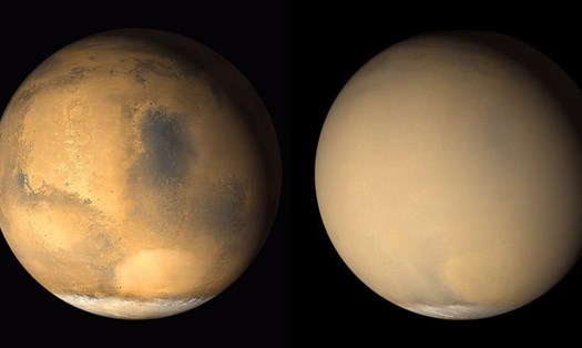 Sao Hỏa trước và trong cơn bão bụi. Ảnh: NASA.