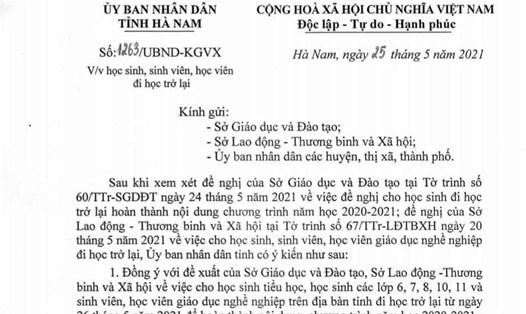 Công văn số 1263/UBND-KGVX của UBND tỉnh Hà Nam về việc cho học sinh, sinh viên, học viên trên địa bàn tỉnh đi học trở lại.