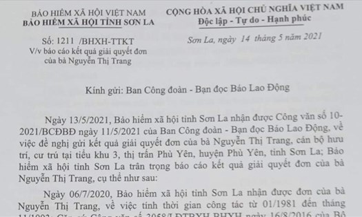 Công văn trả lời của BHXH tỉnh Sơn La. Ảnh: Bảo Hân
