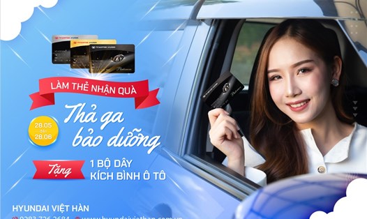 Từ ngày 28.5 - 28.6 khách hàng đăng kí làm thẻ hội viên hyundai tại Hyundai Việt Hàn sẽ được tặng 1 bộ dây kích bình ô tô.
