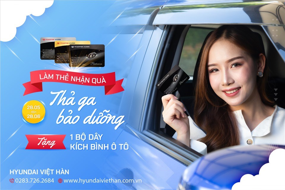 Từ ngày 28.5 - 28.6 khách hàng đăng kí làm thẻ hội viên hyundai tại Hyundai Việt Hàn sẽ được tặng 1 bộ dây kích bình ô tô. Từ ngày 28.5 - 28.6 khách hàng đăng kí làm thẻ hội viên hyundai tại Hyundai Việt Hàn sẽ được tặng 1 bộ dây kích bình ô tô.