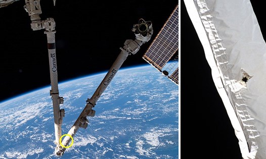 Mảnh rác vũ trụ khiến cánh tay robot trên Trạm Vũ trụ Quốc tế (ISS) bị đâm thủng. Ảnh: NASA/CSA