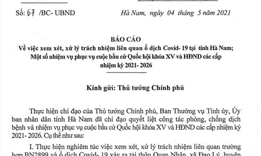 Báo cáo số 67 chiều 4.5 Hà Nam gửi Thủ tướng Chính phủ.