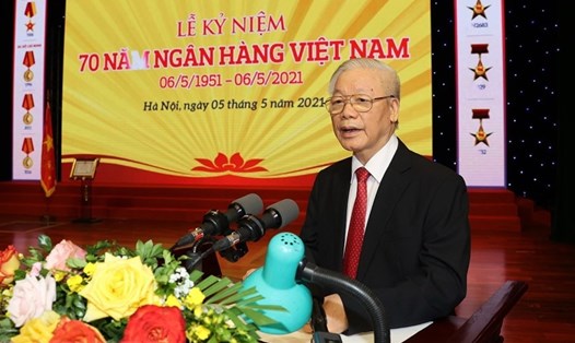 Tổng Bí thư Nguyễn Phú Trọng phát biểu tại Lễ kỷ niệm 70 năm Ngân hàng Việt Nam. Ảnh Trí Dũng - TTXVN