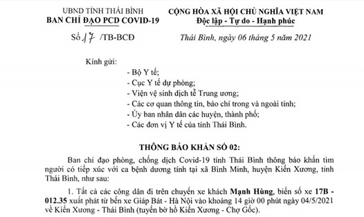 Thông báo khẩn số 02 của Ban chỉ đạo phòng, chống COVID-19 tỉnh Thái Bình.