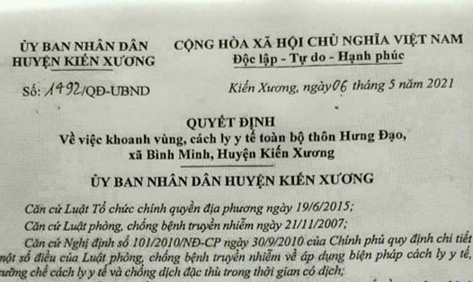 Quyết định về việc khoanh vùng, cách ly y tế toàn bộ thôn Hưng Đạo (xã Bình Minh, huyện Kiến Xương, Thái Bình).