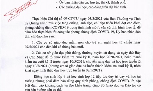 Công văn mới nhất của UBND tỉnh Quảng Ninh về phòng, chống dịch COVID-19 đối với ngành Giáo dục.