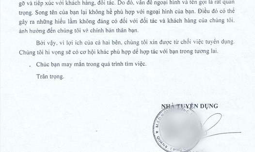 Thư từ chối tuyển dụng được gửi tới chị Nguyễn Thị Kiều Oanh. Ảnh: Nhân vật cung cấp