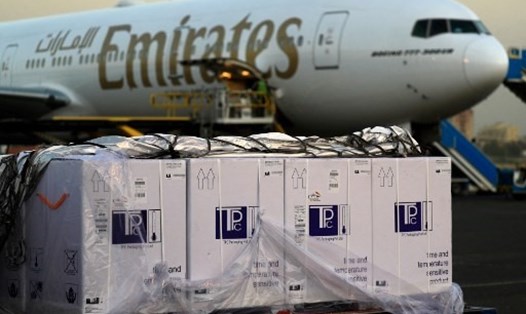 Hãng hàng không Emirates của Ấn Độ tuyên bố chuyên chở viện trợ y tế miễn phí cho Ấn Độ. Ảnh: AFP