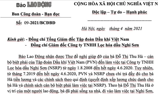 Công văn của Ban Công đoàn- Bạn đọc (Báo Lao Động) gửi tới Tập đoàn Dầu khí Việt Nam, Công ty TNHH Lọc hoá dầu Nghi Sơn về vụ việc. Ảnh: Bảo Hân