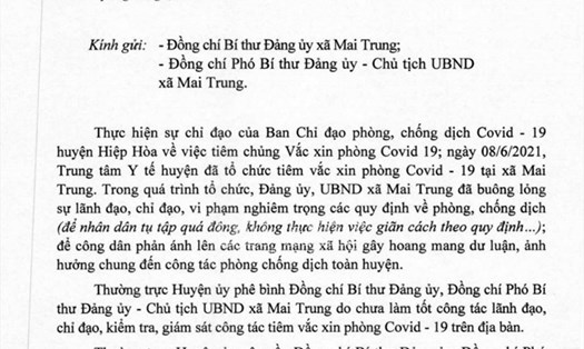 Văn bản của Huyện ủy Hiệp Hòa phê bình Bí thư Đảng ủy và Chủ tịch UBND xã Mai Trung.