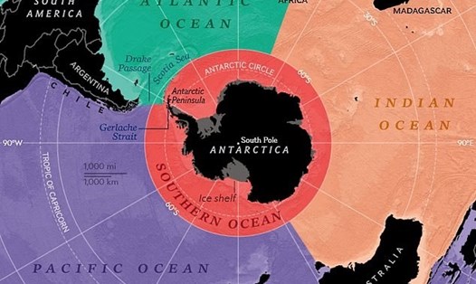 Trong ảnh: Nam Đại Dương (màu đỏ) bao quanh Nam Cực và tiếp giáp với Đại Tây Dương, Ấn Độ Dương và Thái Bình Dương. Ảnh: National Geographic