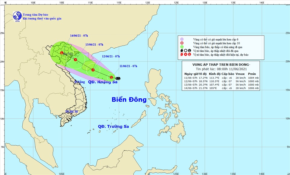 Vị trí, hướng đi của áp thấp trên biển Đông. Nguồn: NCHMF
