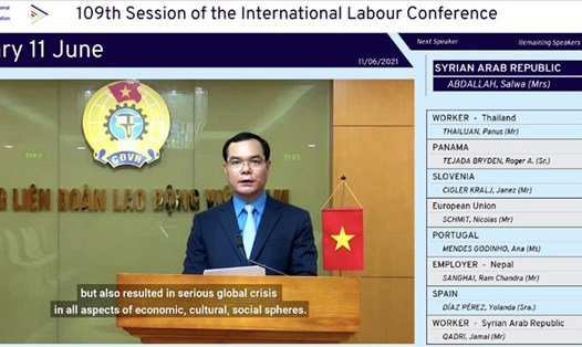Chủ tịch Tổng LĐLĐVN Nguyễn Đình Khang dự và phát biểu tại Phiên họp lần thứ 109 Hội nghị Lao động Quốc tế của Tổ chức Lao động Quốc tế (ILO). Ảnh: BĐN