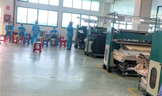 Nhân viên y tế Quận Bình Tân đang chuẩn bị lấy mẫu tầm soát COVID-19 cho các công nhân của Công ty Tỷ Hùng. Ảnh Đức Long
