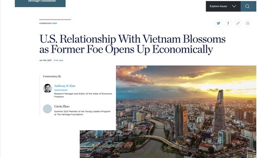 Bài viết về quan hệ Việt - Mỹ trên trang The Heritage Foundation. Ảnh chụp màn hình