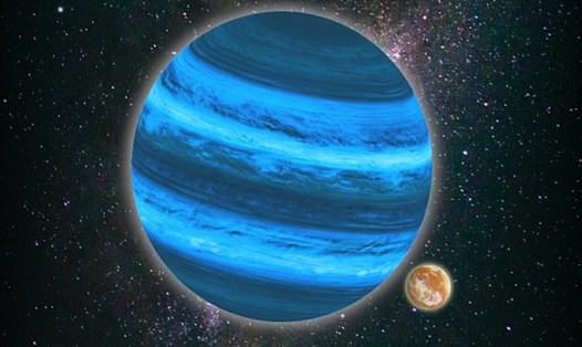 Minh họa ngoại hành tinh lang thang (màu xanh) có một mặt trăng (màu cam) nơi có thể hỗ trợ sự sống ngoài Trái đất. Ảnh: University of Lincoln