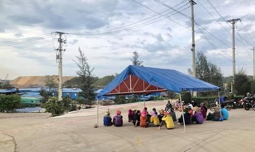 Dân dựng lều, rào cây chặn xe trước cổng nhà máy thép Hòa Phát - Dung Quất. Ảnh: Thanh Chung