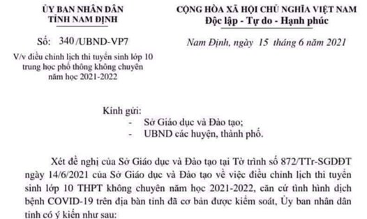 Công văn mới nhất của UBND tỉnh Nam Định về việc điều chỉnh lịch thi tuyển sinh vào lớp 10 THPT, năm học 2020-2021.
