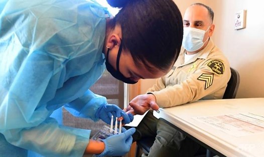 Bác sĩ chích ngón tay lấy máu để xét nghiệm kháng thể COVID-19. Ảnh: AFP