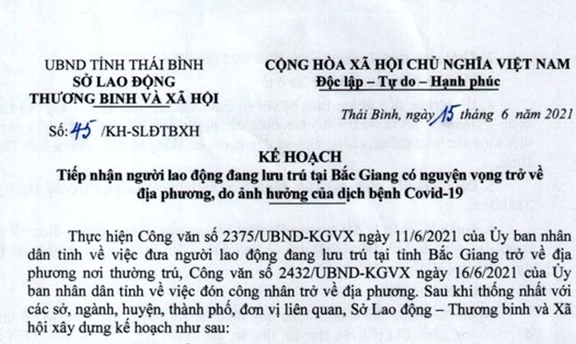 Kế hoạch số 45/KH-SLĐTBXH của Sở Lao động - Thương binh và Xã hội Thái Bình về việc tiếp nhận người lao động đang lưu trú tại Bắc Giang có nguyện vọng trở về địa phương.