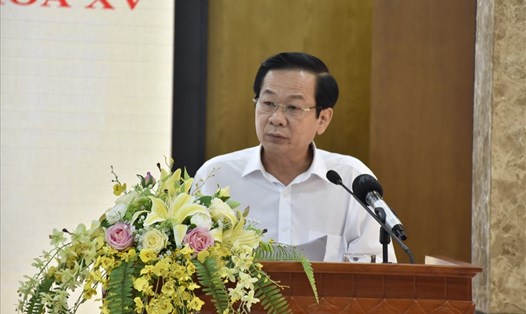 Đồng chí Đỗ Thanh Bình, Ủy viên Trung ương Đảng, Bí thư Tỉnh ủy Kiên Giang phát biểu tại hội nghị. Ảnh: PV