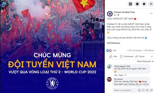 Kết nối mới nhất của CLB Chelsea đến đội tuyển bóng đá Việt Nam là lời chúc mừng trên fanpage. Ảnh chụp màn hình.