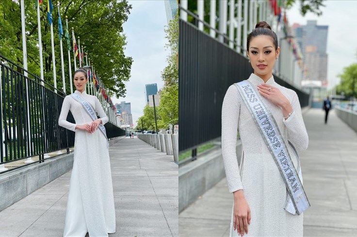 Hoa hậu Khánh Vân diện áo dài trắng, khoe dáng  ở Mỹ