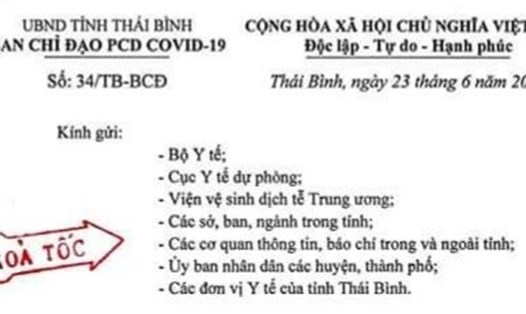 Thông báo khẩn hỏa tốc số 06 của Ban chỉ đạo phòng, chống dịch COVID-19 tỉnh Thái Bình.