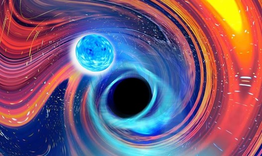 Hình minh họa hố đen (trung tâm) nuốt chửng một sao neutron (bên trái). Ảnh: Đại học Swinburne Australia