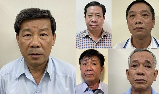 Cựu Chủ tịch UBND tỉnh Bình Dương (ảnh lớn, trái) và 4 bị can nguyên lãnh đạo, lãnh đạo tỉnh Bình Dương. Ảnh: Bộ Công an