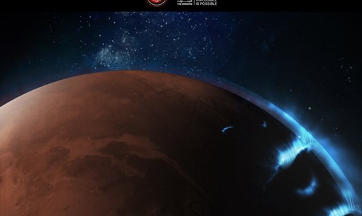 Cực quang rời rạc của sao Hỏa được quan sát từ tàu vũ trụ của UAE. Ảnh: Hope Mars Mission