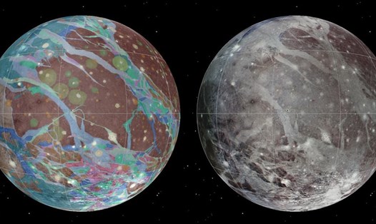 Bản đồ màu và bản đồ địa chất mặt trăng Ganymede của sao Mộc được tập hợp từ những hình ảnh tốt nhất hiện có từ tàu vũ trụ Voyager 1 và 2 và tàu vũ trụ Galileo của NASA. Ảnh: NASA