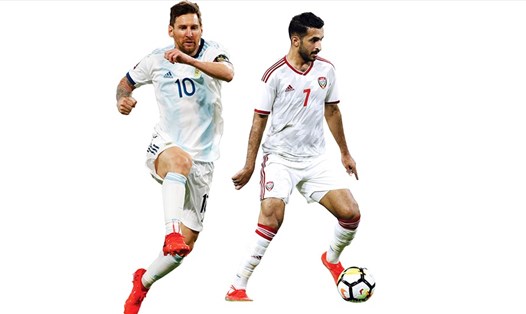 Ali Mabkhout (phải) có thành tích ghi bàn ở tuyển quốc gia vượt qua cả Messi khi ghi 73 bàn cho tuyển UAE. Ảnh: Al Bayan.