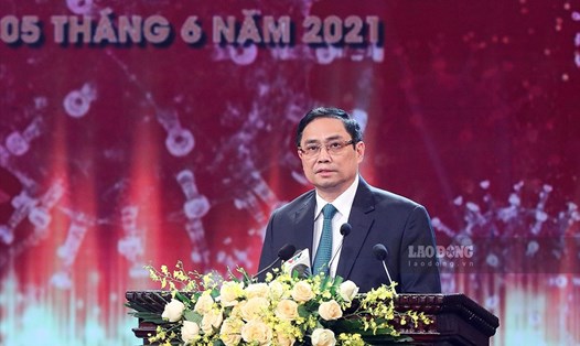 Thủ tướng Chính phủ Phạm Minh Chính phát biểu tại Lễ ra mắt Quỹ vaccine phòng chống COVID-19. Ảnh Hải Nguyễn
