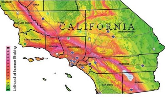 Bản đồ dự báo khả năng xảy ra động đất ở các khu vực dọc theo đường đứt gãy tại tiểu bang California, Mỹ. Ảnh: USGS