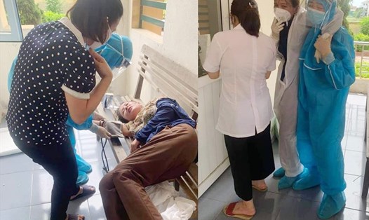 Điều dưỡng Lê Thị Duyên bị ngất xỉu trong lúc đi lấy mẫu xét nghiệm COVID-19 vào sáng ngày 7.6 ở xã Thạch Trung: Ảnh: TT.