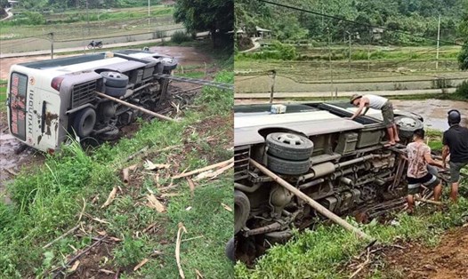Hiện trường vụ tai nạn lật xe khách tại huyện Lục Yên, tỉnh Yên Bái. Ảnh: NDCC