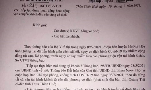 Văn bản của Sở GTVT tỉnh Thừa Thiên Huế về việc dừng hoạt động vận chuyển khách đến vùng có dịch. Ảnh chụp màn hình.