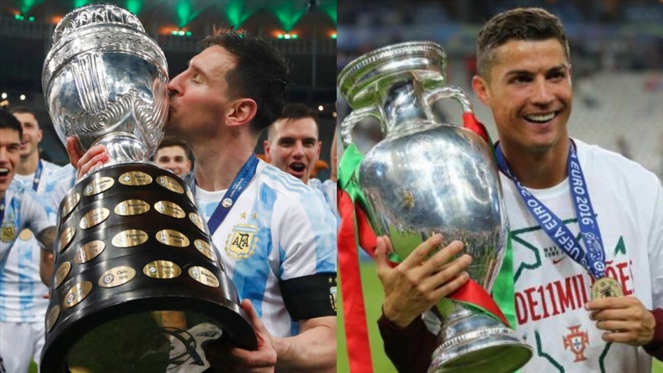 Lionel Messi và Cristiano Ronaldo cùng giành chức vô địch với đội tuyển quốc gia vào ngày 10.7. Ảnh: AFP