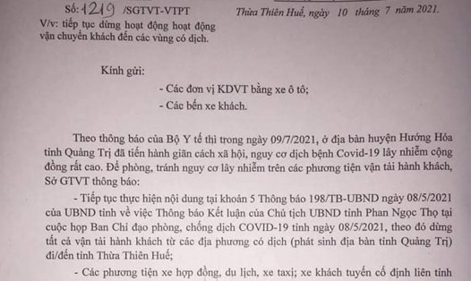 Văn bản của Sở GTVT tỉnh Thừa Thiên Huế về việc dừng hoạt động vận chuyển khách đến tỉnh Quảng Trị vì cho rằng địa phương này "có dịch". Ảnh chụp màn hình.