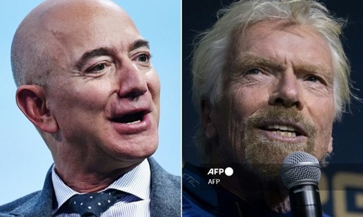 Tỉ phú Jeff Bezos (trái) và Tỉ phú Richard Branson (phải) là đối thủ trong lĩnh vực du lịch vũ trụ thương mại tư nhân. Ảnh: AFP