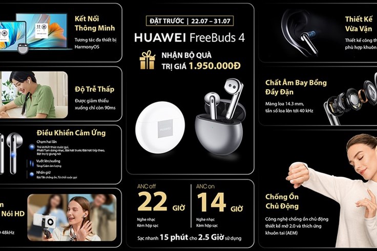 Tai nghe Huawei FreeBuds 4 chống ồn chủ động và kết nối đa thiết bị