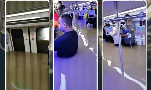 Nước ngập tàu điện ngầm ở Trịnh Châu, Hà Nam, Trung Quốc. Ảnh chụp màn hình