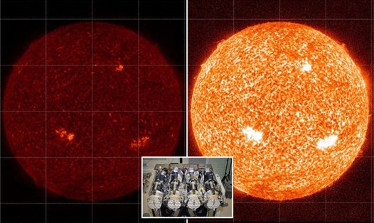 Ảnh Mặt trời được AIA quan sát trước (trái) và sau khi hiệu chuẩn bằng tên lửa nghiên cứu (phải). Ảnh: NASA