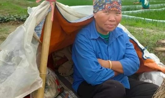Bà Nguyễn Thị Hiền - mẹ em Huệ tự dựng một túp lều ngoài đồng và chỉ đi lang thang cả ngày. 
Ảnh: GĐCC