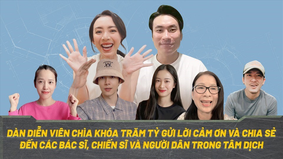Thu Trang và dàn sao Chìa khóa trăm tỉ cổ vũ chống dịch. Ảnh: NSCC. Thu Trang và dàn sao Chìa khóa trăm tỉ cổ vũ chống dịch. Ảnh: NSCC.