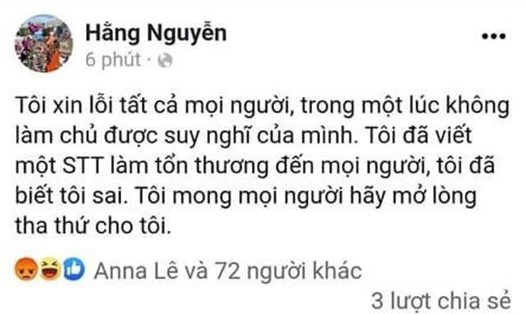 Sau đó, tài khoản Facebook Hằng Nguyễn đã phải đăng lời xin lỗi. Ảnh chụp màn hình.